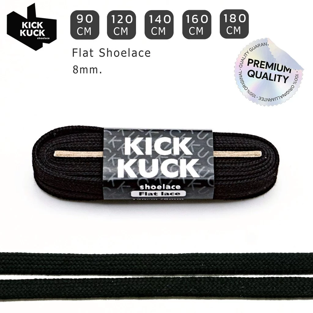 (หนา2ชั้น ไม่บาง พรีเมี่ยม) KICKKUCK (คิกคัก) เชือกรองเท้าสีดำ (black) (แบบแบน)FLAT ความยาว 90,120.140,160,180 cm.