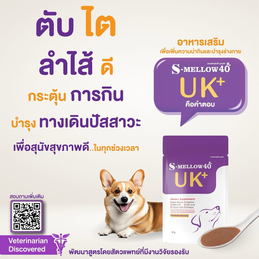 (( ยกกล่อง สุนัข )) S-mellow40 สูตร UK+ (urinary+kidney support) สารเสริมอาหารน้องสุนัข