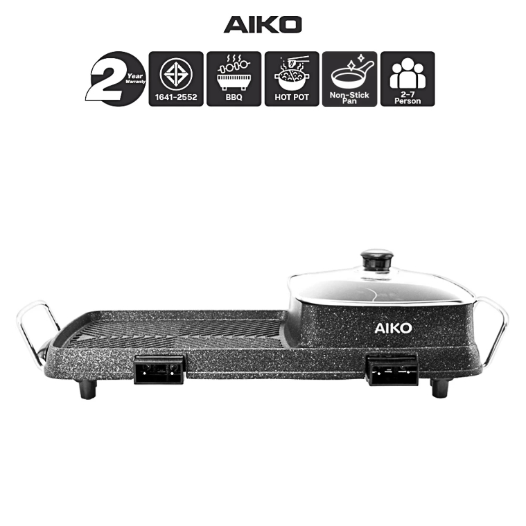 AIKO เตาปิ้งย่าง BBQ ทรงยาว BL-K6230 หม้อไฟฟ้า เตาไฟฟ้า หม้อสุกี้ หม้อชาบู แถมฟรี!!!! ทับพีและตะกร้อลวก รวม3 ชิ้น