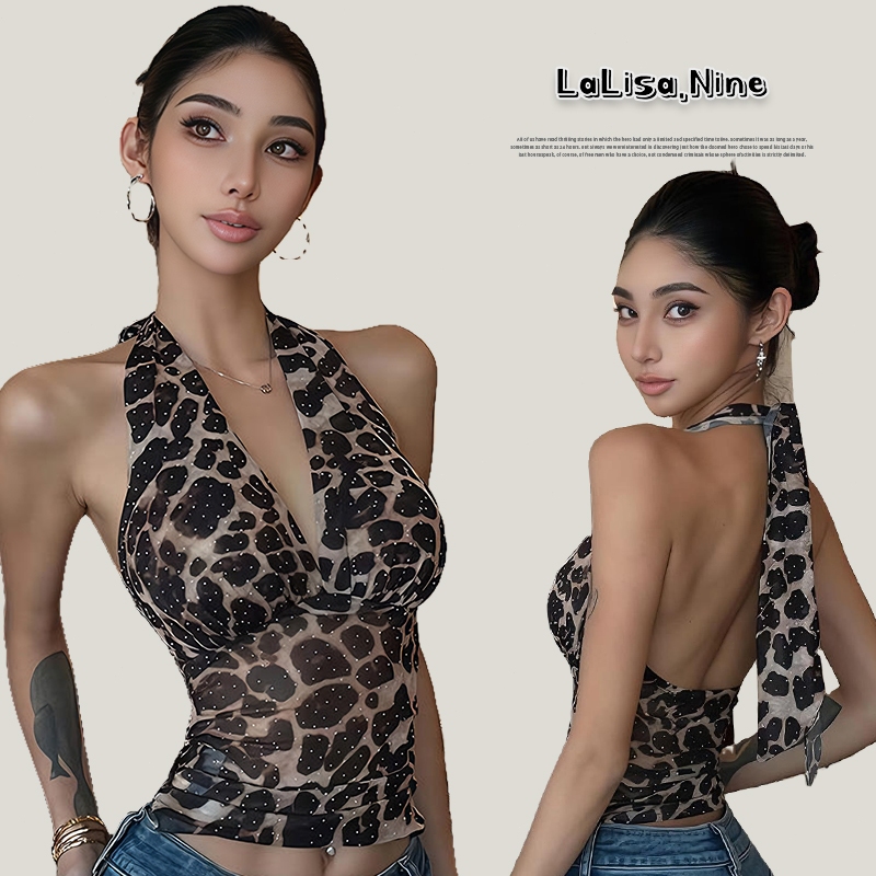 Lalisa พร้อมส่ง🐆เสื้อคล้องคอลายเสือดาว เปิดหลังผูกคอ คอวีลึก คอเต่าแขนกุด ทรงเข้ารูปดูแพง เซ็กซี่แฟชั่นผู้หญิง เสื้อครอป