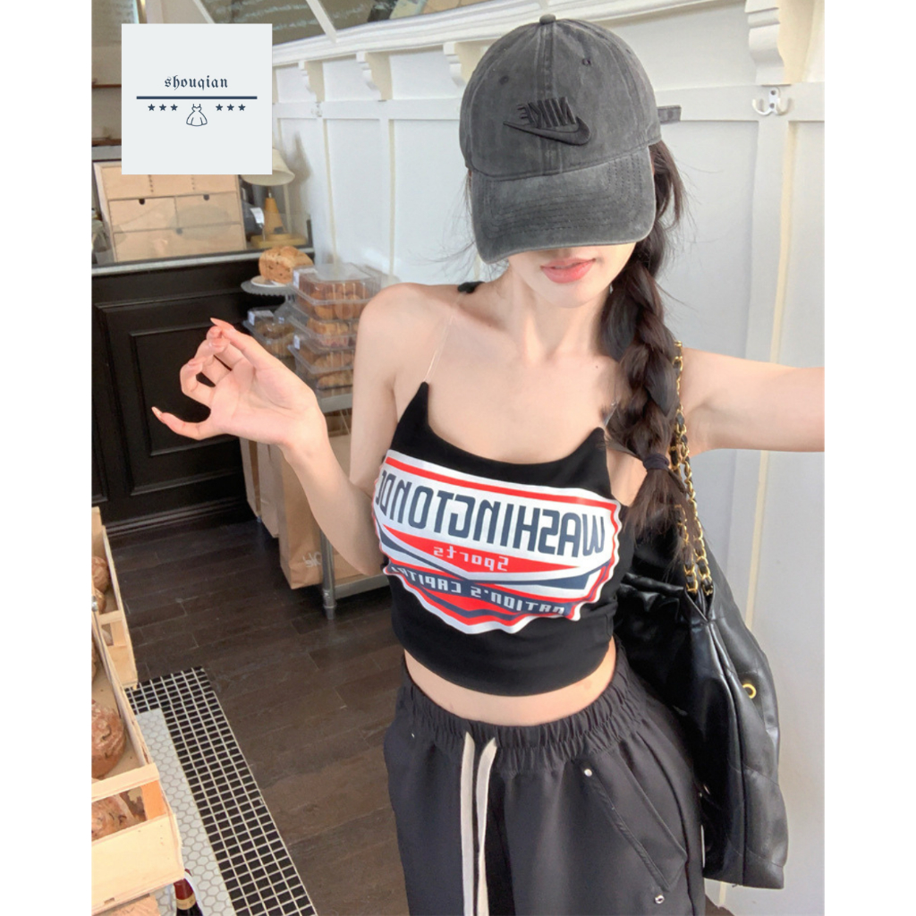 *พร้อมส่งในไทย*  เสื้อสายเดี่ยวแต่งสายใส เสื้อผู้หญิงพิมพ์ลายตัวอักษร Y10 ราคา ถูกที่สุด ดีลบีเคเค