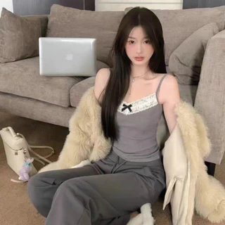 ❣️B-227❣️มาใหม่สายเดี่ยวลูกไม้ ดีเทลสายลูกไม้ยืดได้ ฟรีไซส์มีฟองน้ำในตัว เสื้อสายเดี่ยว ดีเทลลายโบว์กลางเสื้อ