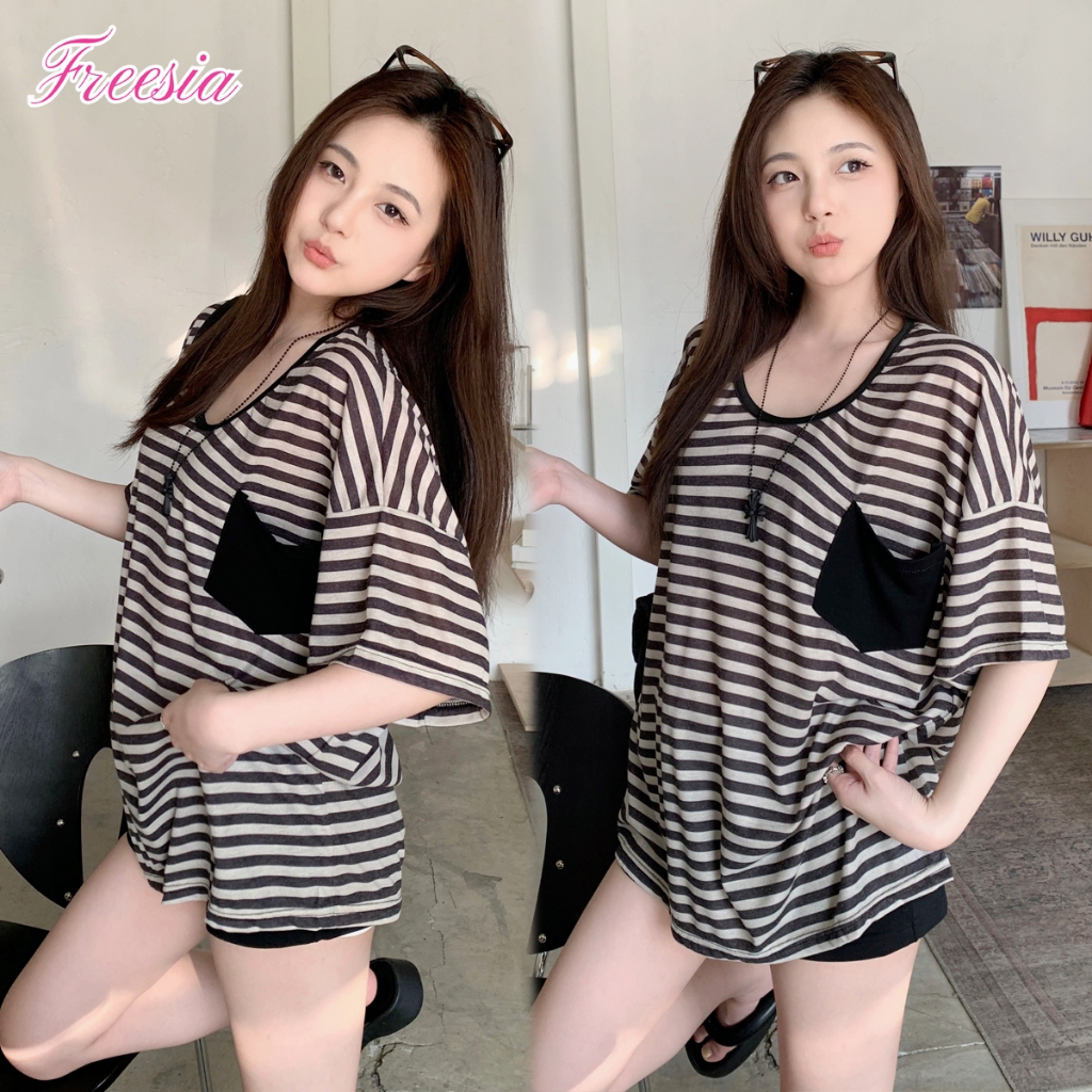 เสื้อยืด เสื้อยืดผ้าฝ้าย ลายริ้ว ออเวอร์ไซส์ สไตล์ลำลอง#92368