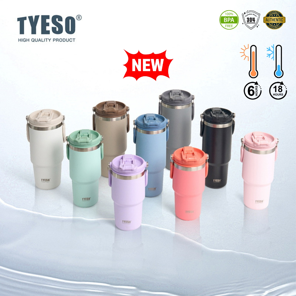 TYESO ใหม่ แก้วน้ำเก็บอุณหภูมิ 600ml-1200ml รุ่นหูหิ้ว 2 หัวดื่ม SUS304  9 สี พกพาง่าย ไม่รั่วซึม