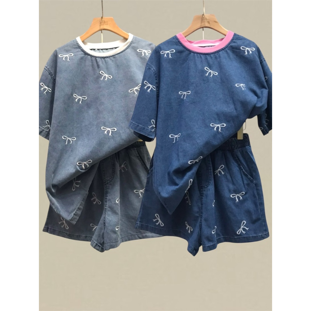 🌈🌿🌺🌼🌸💙🇰🇷Jeans Ribbon Rim Top&Short Pant Set