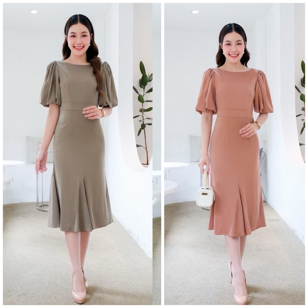 FN4204 คอกลม แขนบอลลูน เอวสูงหางปลา ชุดไปงานแต่ง ชุดออกงาน เดรสเพื่อนเจ้าสาว [LUXURY707]
