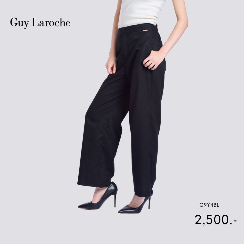 Guy Laroche กางเกงผู้หญิง เอวสูง ขากว้าง เอวสูง ขอบเอวใส่ยาง สีดำ G9Y4BL