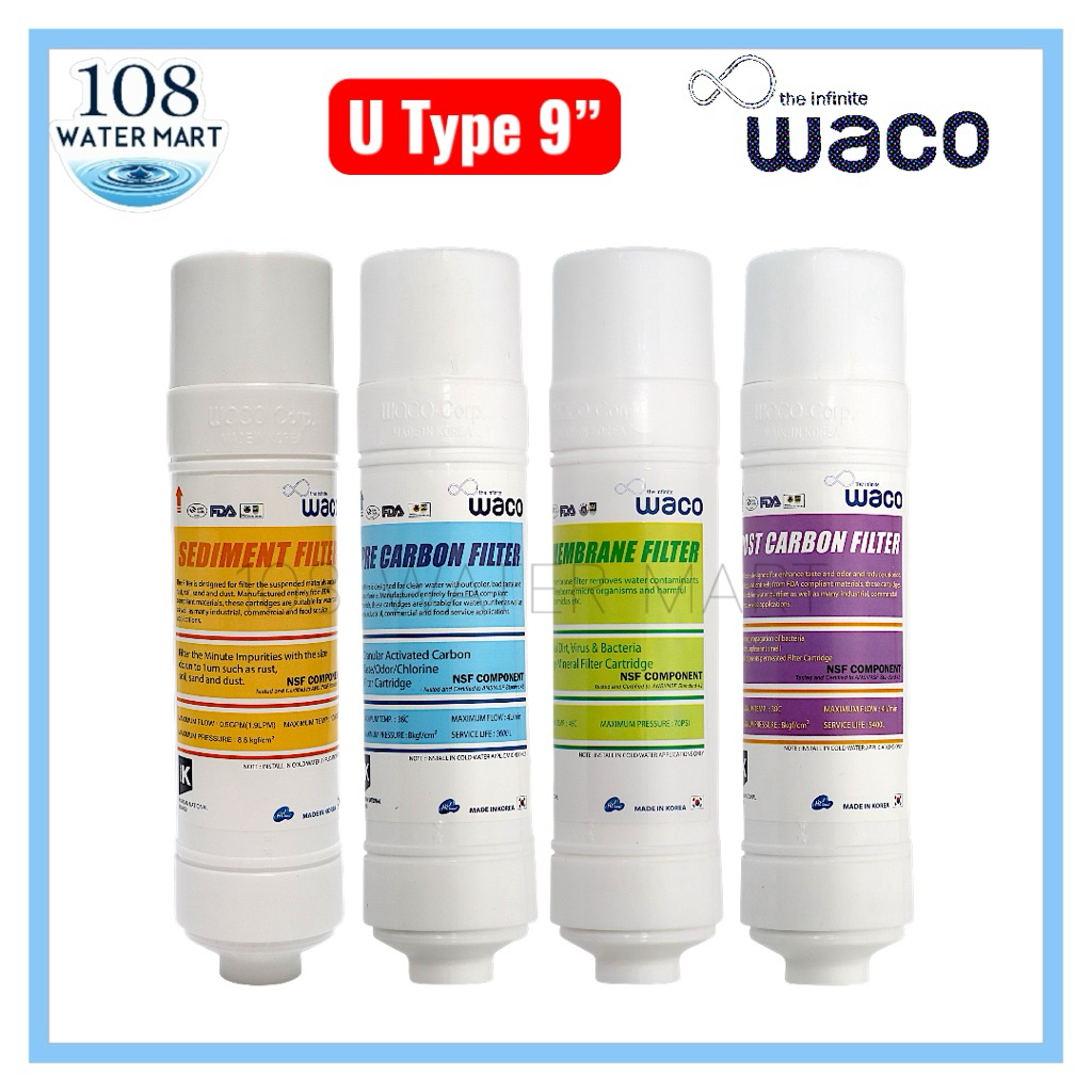 Waco ไส้กรองอินไลน์ U type 9 นิ้ว หัวเสียบ Sediment Pre Carbon UF Post Carbon ไส้กรองเกาหลี แถมข้องอให้ด้วยค่ะ