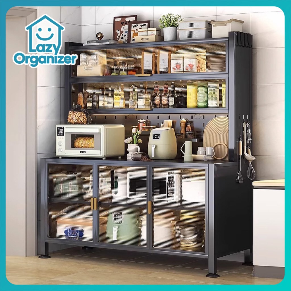 【หนาเป็นพิเศษ】LYO ตู้เก็บของในครัว ชั้นวางไมโครเวฟ พร้อมล้อเลื่อนและแผ่นเพ็กบอร์ด เก็บของอเนกประสงค์