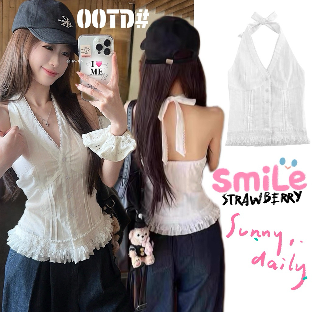 STR พร้อมส่ง🍧✨เสื้อคล้องคอลแต่งลูกไม้สีขาว คอวี โชว์หลัง เสื้อครอปทรงรัดรูป มีกระดุม สไตล์ฝรั่งเศส เซ็กซี่แฟชั่นผู้หญิง