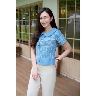 [พร้อมส่ง] เสื้อผ้าฝ้ายพิมพ์ลายดอกปีบ คอบัวแต่งดอกทิวลิป อก34-40นิ้ว มี5สี women clothing เสื้อผ้า