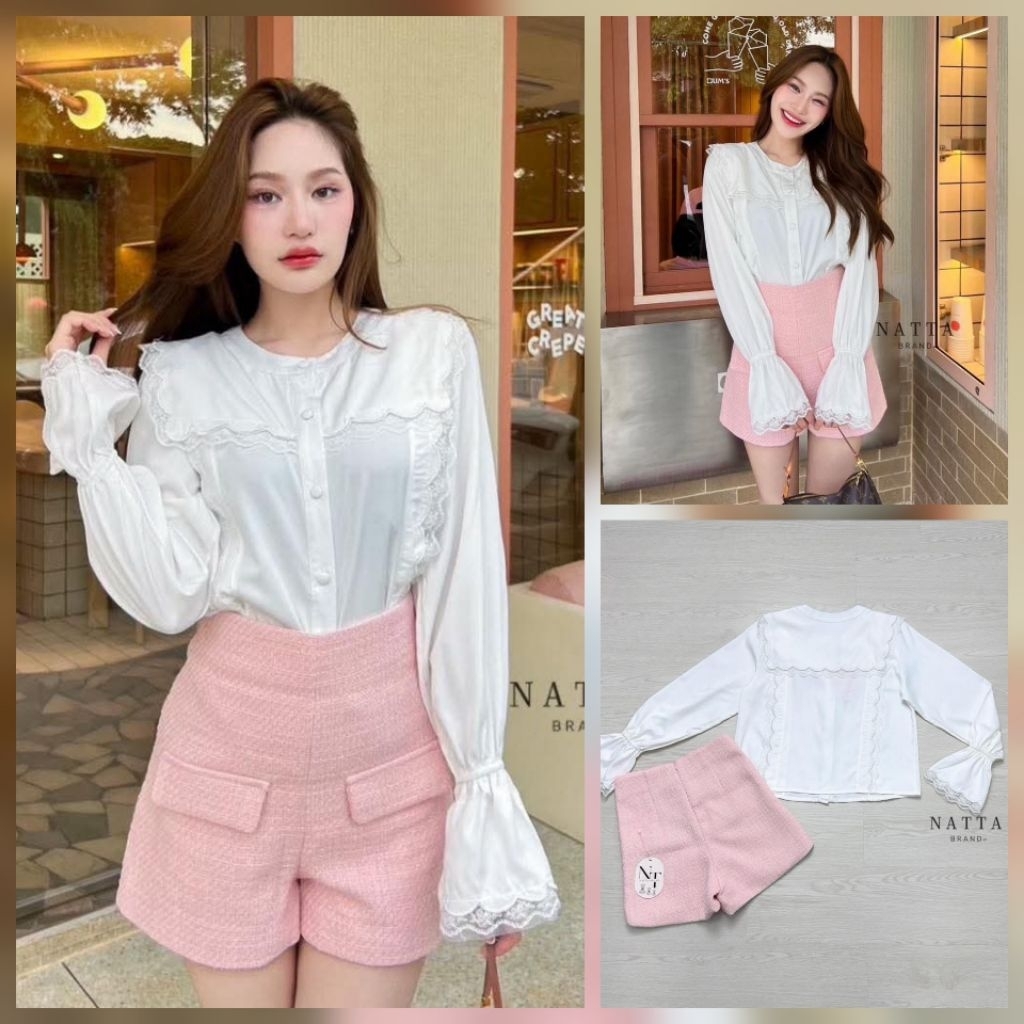 A6631💘มีS,M,XL[อกใหญ่3"เอวเล็ก1"]ป้ายNATTAเซตกางเกงขาสั้นผ้าทวิสเสื้อเชิ้ตแขนยาว