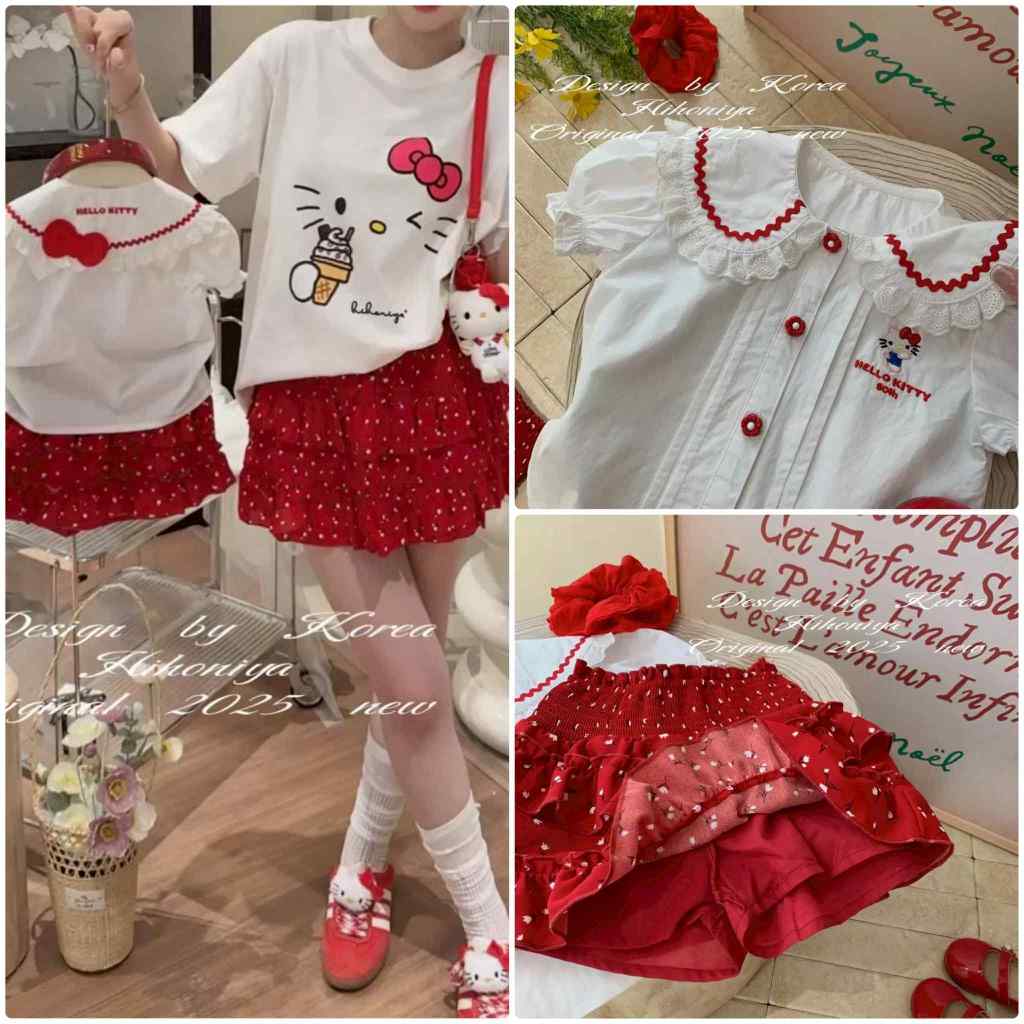 พร้อมส่งในไทย Kitty Kawaii Set ชุดคู่แม่ลูก (เสื้อ+กระโปรงมีซับ)
