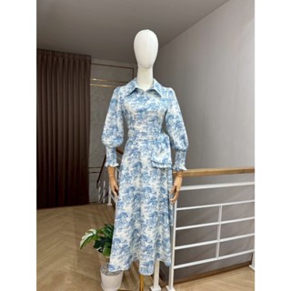 BT 09-9615 ชุดเดรสคอปกแขนยาวแขนแต่งสม็อคมีระบาย ช่วงเอวตีเกล…