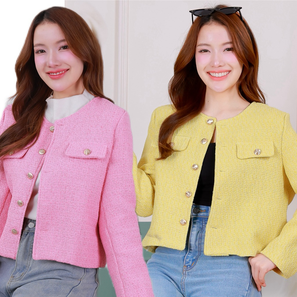 Elsie Blazer ผ้าทวิต - มีถึงอก46⭐️เสื้อคลุมทวิตสีเหลือง เสื้อคลุมทวิตสีชมพู เสื้อทวิตสาวอวบ กระดุมทอง มีซับใน ผ้าไม่บาง
