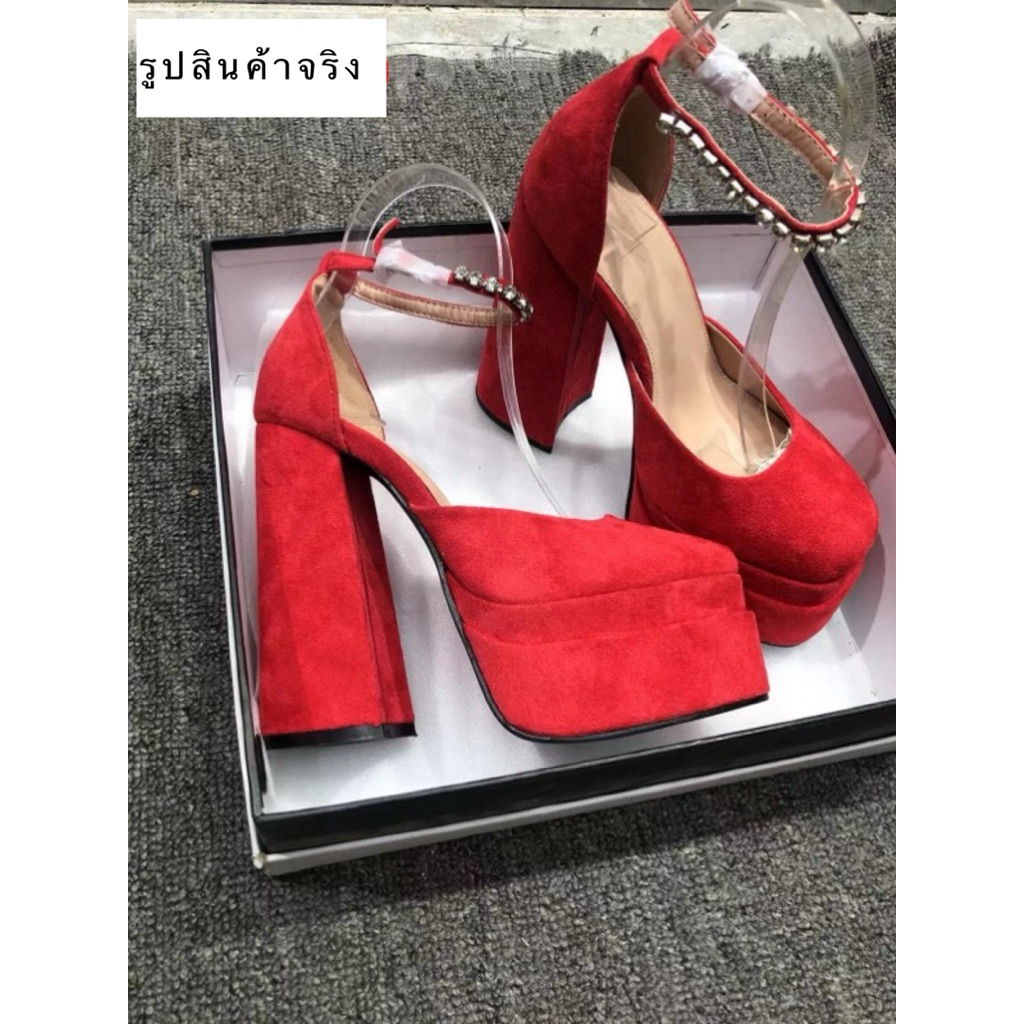 รองเท้าส้นสูงส้นหนา ความสูง 14 ซม. สไตล์ Y2K แพลตฟอร์มหน้าสูง สายรัดข้อเท้าประดับคริสตัล หัวมนสวยหรู  พร้อมส่งจากไทย S17 - รูปที่ 6
