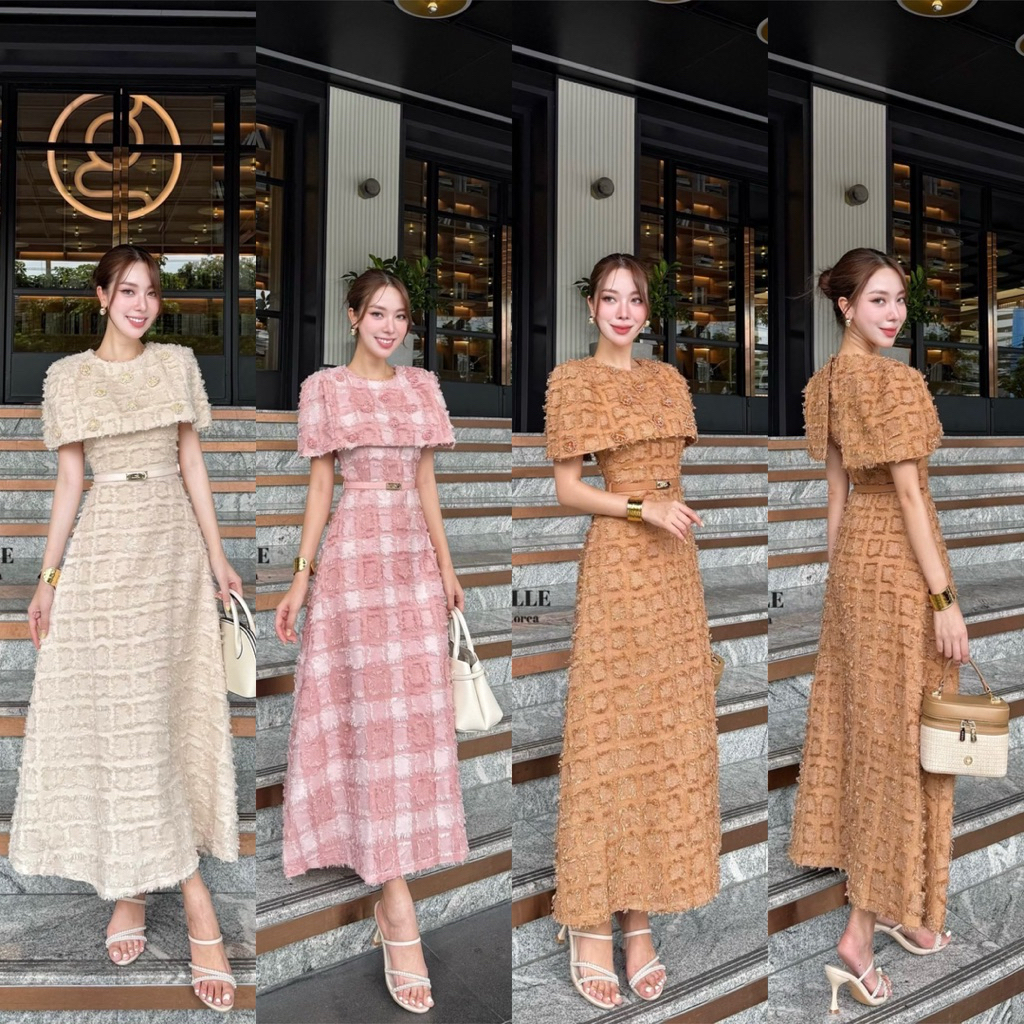 เดรสคุลมไหล่ผ้าตารางมีเทคเจอร์ขนๆในตัวนุ่มใส่สบายทรงสวย Lalabelle