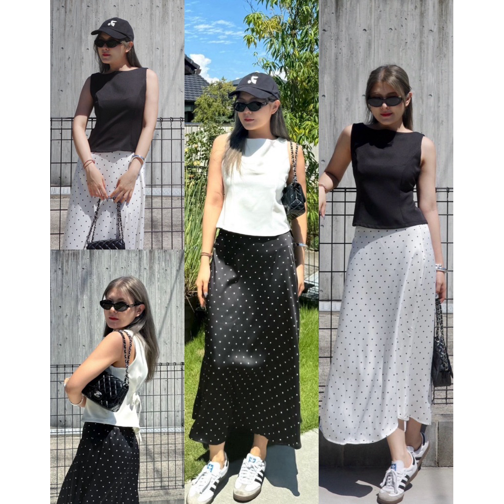 Polkadot Set เซ็ตเสื้อแขนกุดผูกหลังคู่กับกระโปรงลายจุดผ้าซาติน