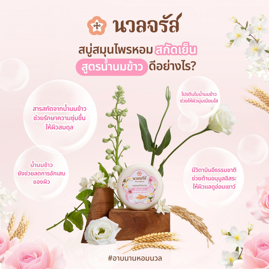 นวลจรัส สบู่สมุนไพรหอมสกัดเย็น สูตรน้ำนมข้าว ขนาด 160 กรัม (เซ็ท 4 ก้อน) - รูปที่ 2