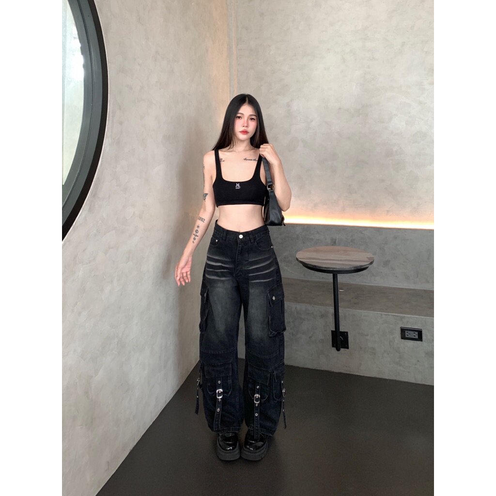 Bosdy Jeans รหัสBJ015 กางเกงยีนส์คาร์โก้เอวสูงทรงกระบอก ผ้าไม่ยืด สี Super Black