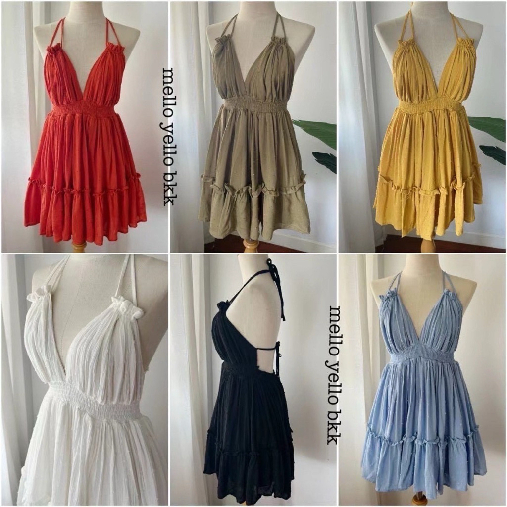 Special 100 degree opened back dress เดรสคล้องคอ เนื่อผ้ามี texture ดีเทลพิเศษ ผูกเชือกที่ด้านหลัง  