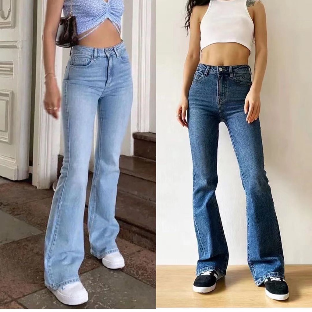กางเกงยีนส์ขาบานเอวสูงสีพื้นสำหรับผู้หญิงพร้อมลายดอกไม้（XS-XL）