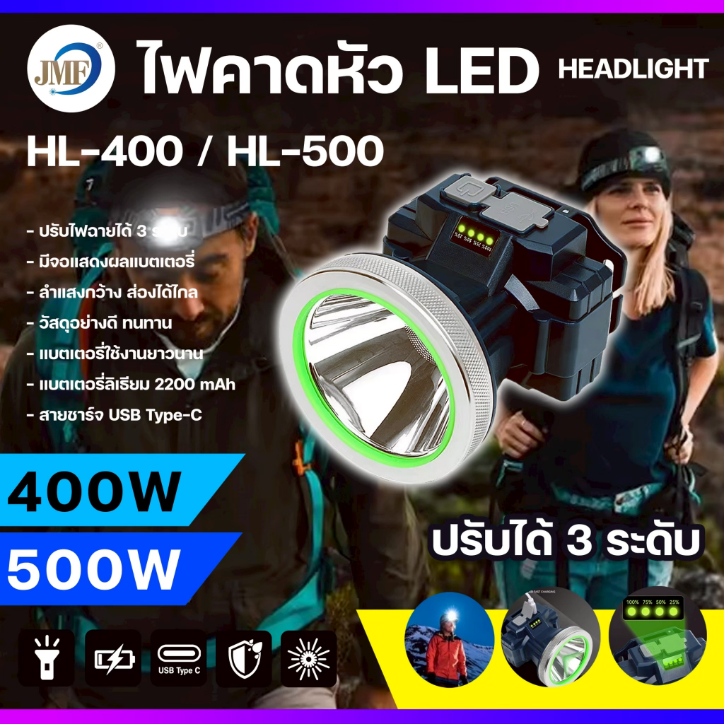 HL-400 / HL-500 ไฟฉายคาดหัว LED ไฟส่องกบ ตกปลา ไฟคาดหัว ชาร์จUSB แบตอึด ใช้งานได้นาน ปรับได้ 3ระดับ กันน้ำ ลุยฝนได้