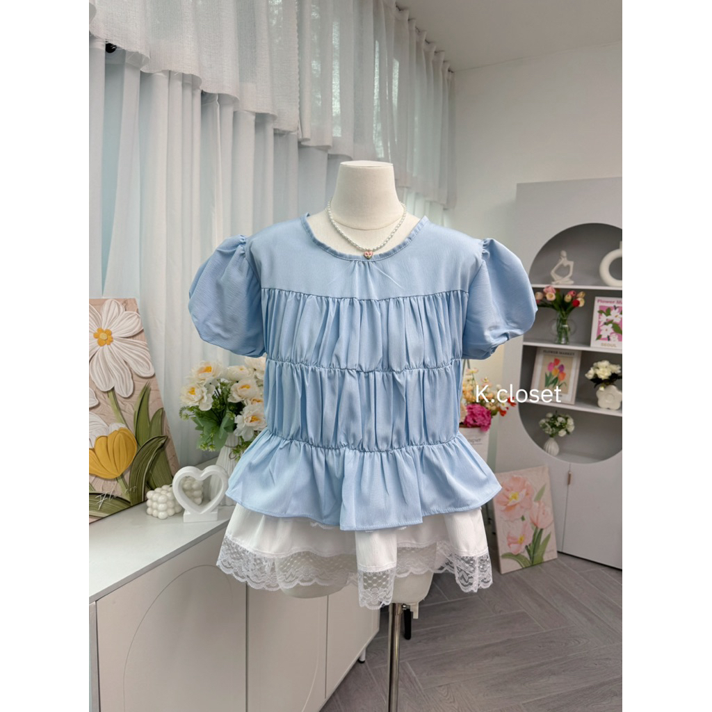 (อก32-38 )เสื้อขนมชั้นคอกลมแขนบอลลูน  ทรงสวยน่ารัก - รูปที่ 3