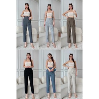 L0043  Beer&Oil กางเกงขายาวเอวสูง ผ้าโซดา งานตะขอหน้าขอบในตั…