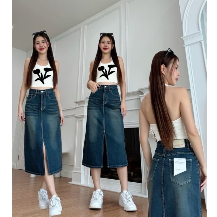 919Jeans⚡️⚡️ กางเกงยีนส์ผู้หญิง กระโปรงยีนส์ ผ้าไม่ยืด แต่งกระเป๋าหน้า