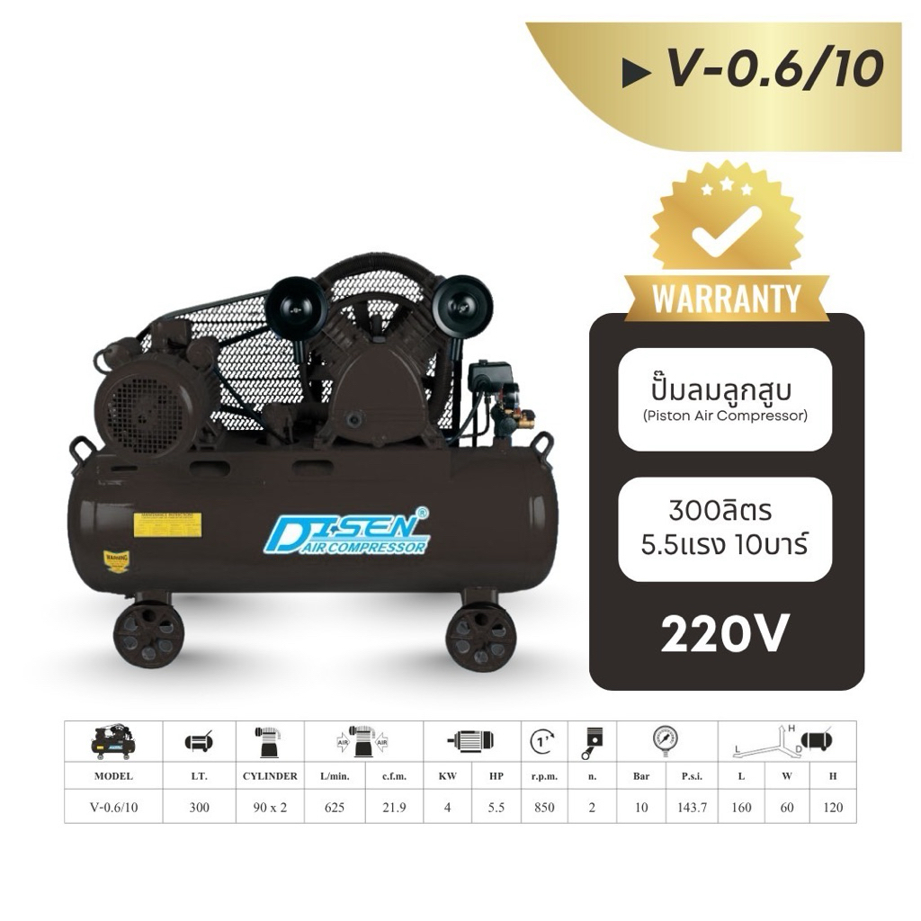 ปั๊มลมไดเซน Disen 300 ลิตร 5.5 แรง 10 บาร์ ไฟ220V