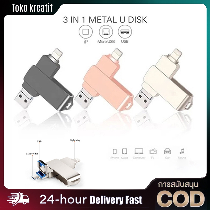 แฟลชไดรฟ์ OTG 3-in-1 USB 3.0 ความเร็วสูง 2TB กันน้ำสำหรับจัดเก็บข้อมูล iPhone รูปภาพและวิดีโอ iOS/คอมพิวเตอร์/Type C