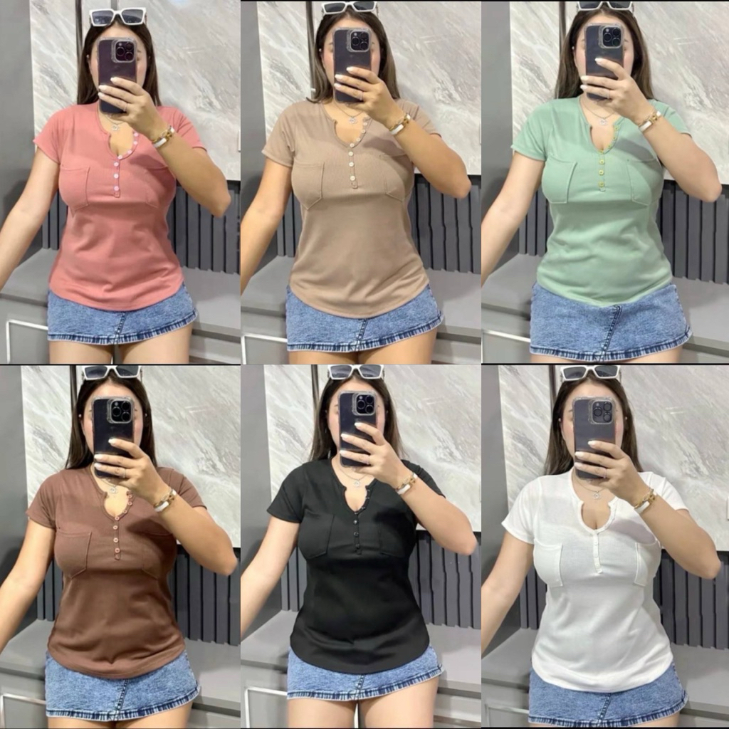 เสื้อสาวอวบ อก38-46 แต่งคอวี กระดุมหลอก มีกระเป๋า2ข้าง ทรงสวยพรางหุ่น  (A100)
