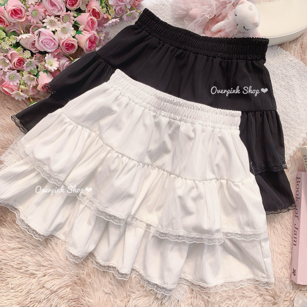 🌸OVP🌸 กระโปรงสั้น ผ้าครัชเปลือกไม้ แต่งลูกไม้น่ารักๆ ไม่มีซับใน กระโปรงบาน