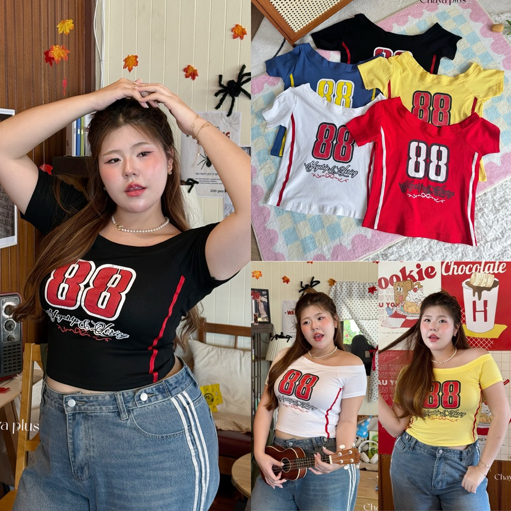 /LD/ เสื้อครอปปาดไหล่ มีไซส์อก38-52 งานสกรีน+แต่งแถบ สุดเท่ห์ ฮิตสุด #เสื้อไซส์ใหญ่ สาว อ้วน พลัสไซส์