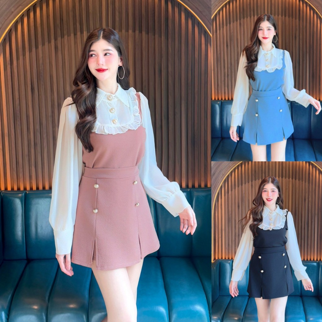 ชุดเซตสั้นกางเกงกระโปรง ผ้าวูลเวฟ เสื้อแขนยาวแต่งซีฟอง คอปกแต่งระบายอกแต่งกระดุมมุก+กางเกงกระโปรงเอวเรียบสม็อคหลัง
