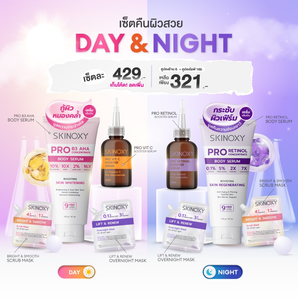 [เซ็ตคืนผิวสวย Day & Night] SKINOXY Pro Booster Serum 30ml เซรั่มเรตินอล คู่กับ บอดี้เซรั่มและมาส์ก