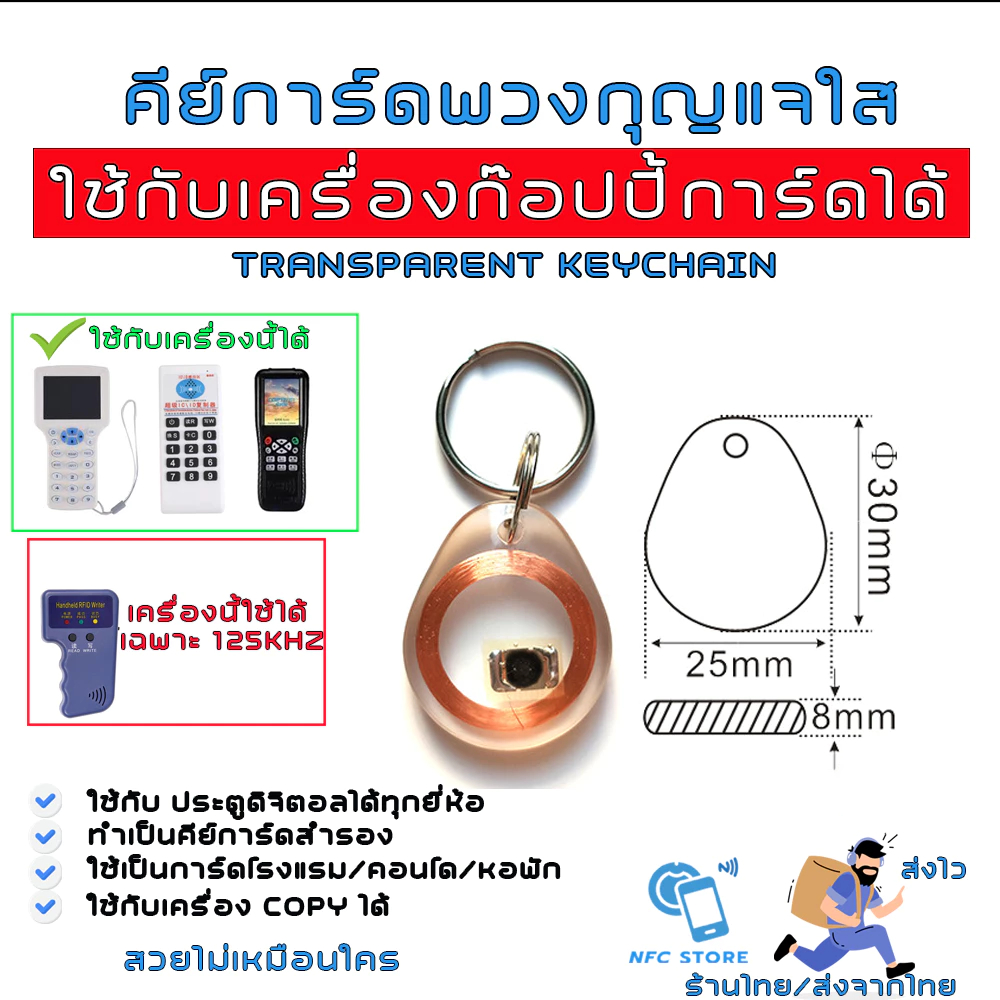 043พวงกุญแจก๊อปปี้คีย์การ์ดแบบใส (ใช้เครื่อง Copyเปลี่ยนเลข ID ได้) RFID Proximily Keychain