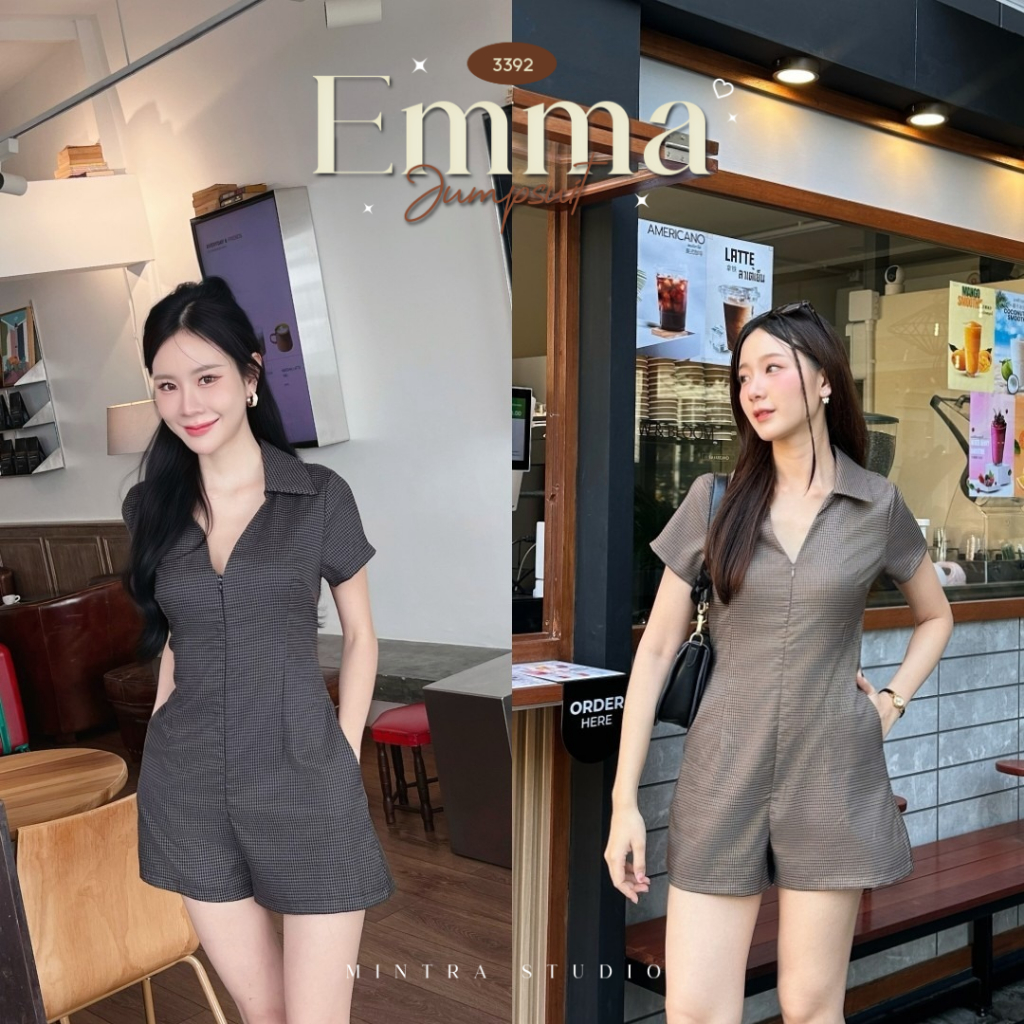 Emma jumpsuit - จั๊มสูทกางเกงขาสั้น คอปก แขนสั้น ทรงหลวม มีกระเป๋า ซิปหน้า MT.STDO