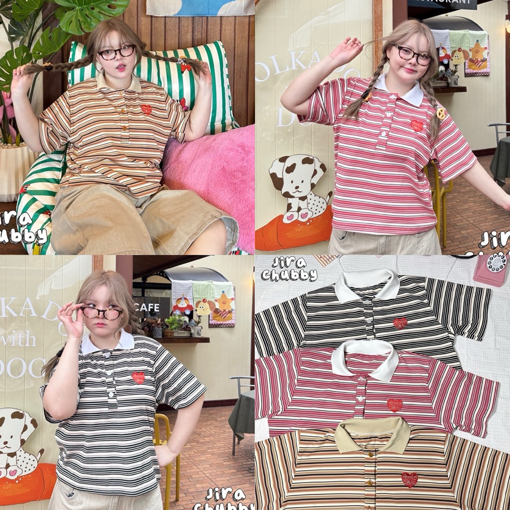 /JR/ เสื้อโปโลสาวอวบ ไซส์อก38-54 แต่งปกสีพื้น ปักอกหัวใจ ผ้านิ่มยืด ใส่สบาย #เสื้อไซส์ใหญ่ พลัสไซส์