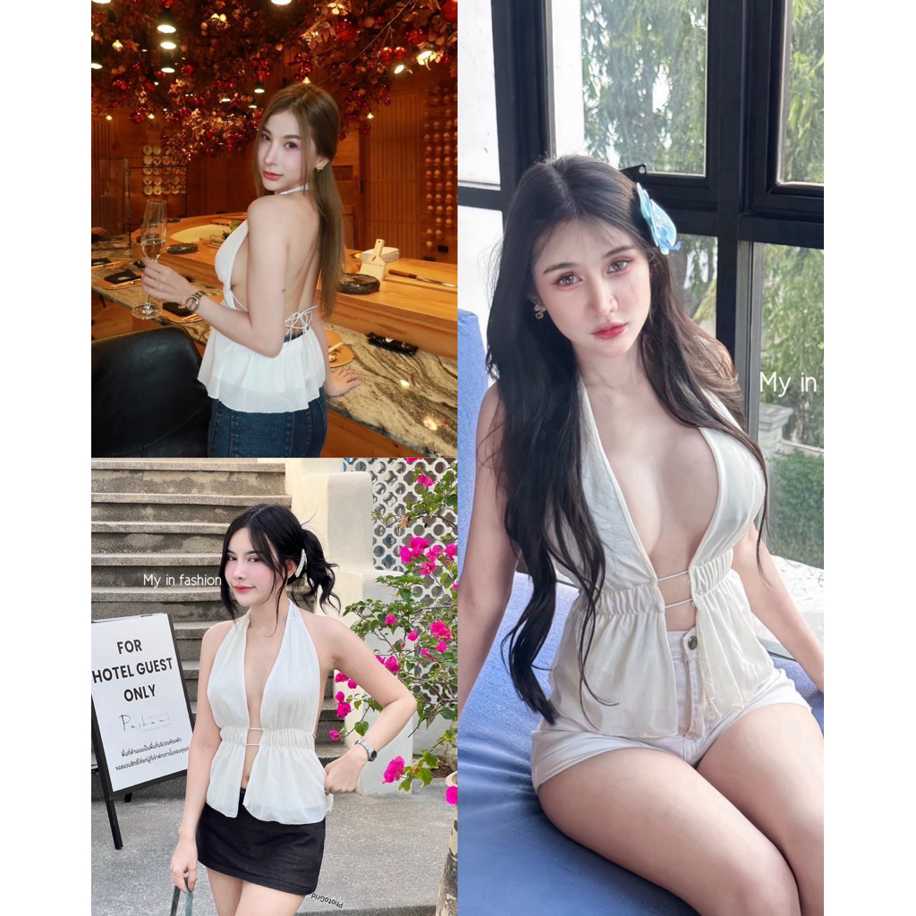 MNV STUDIO เสื้อคล้องคอเปีดหลัง ผ้าชีทรู