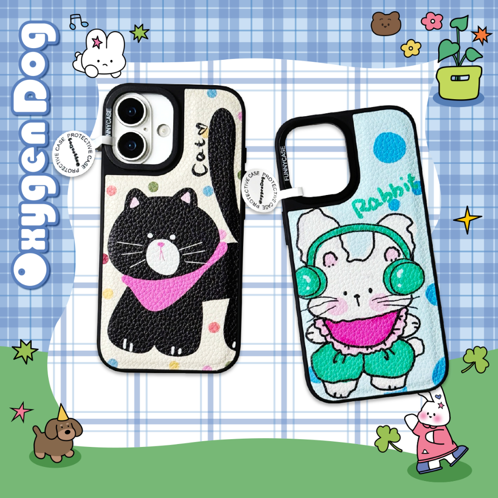 Oxygendog case เคสไอโฟน เคสหนัง ลายการ์ตูน แมวดำ กระต่าย For ipone 16ProMax 16 15ProMax 15 14 13