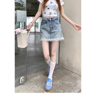 Beautified กระโปรงยีนส์สั้นหญิงขอบลูกไม้ เอวสูงคลุมสะโพก ดูผอมเพรียขายาวขึ้น เมทร์ง่ายประจำวัน