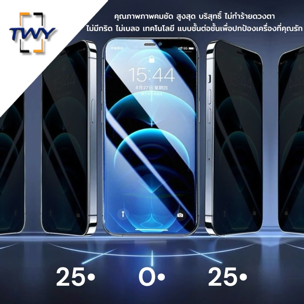 TWY ฟิล์มกระจก กันมอง มีบล็อกช่วยติด ติดง่าย สำหรับ iPhone X Xs Xr 11 12 13 14 15 16 17 Pro max plus Air - รูปที่ 5