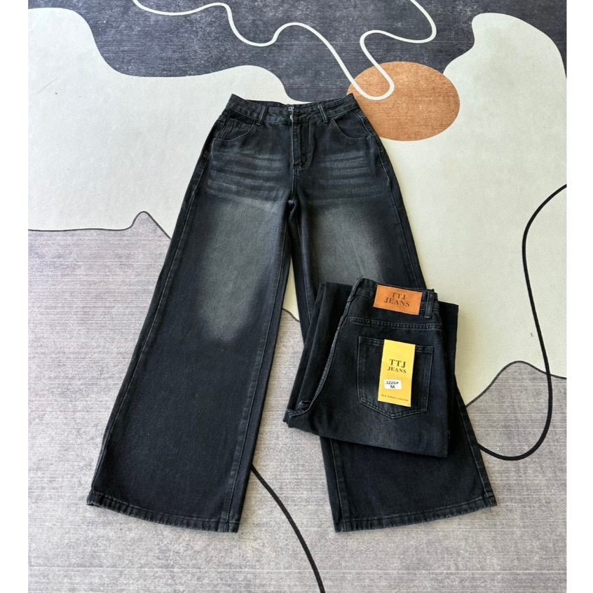 TTJ JEANS 3226 กางเกงยีนส์ทรงกระบอกใหญ่สีดำเฟด เอวสูง ผ้าไม่ยืด #3226