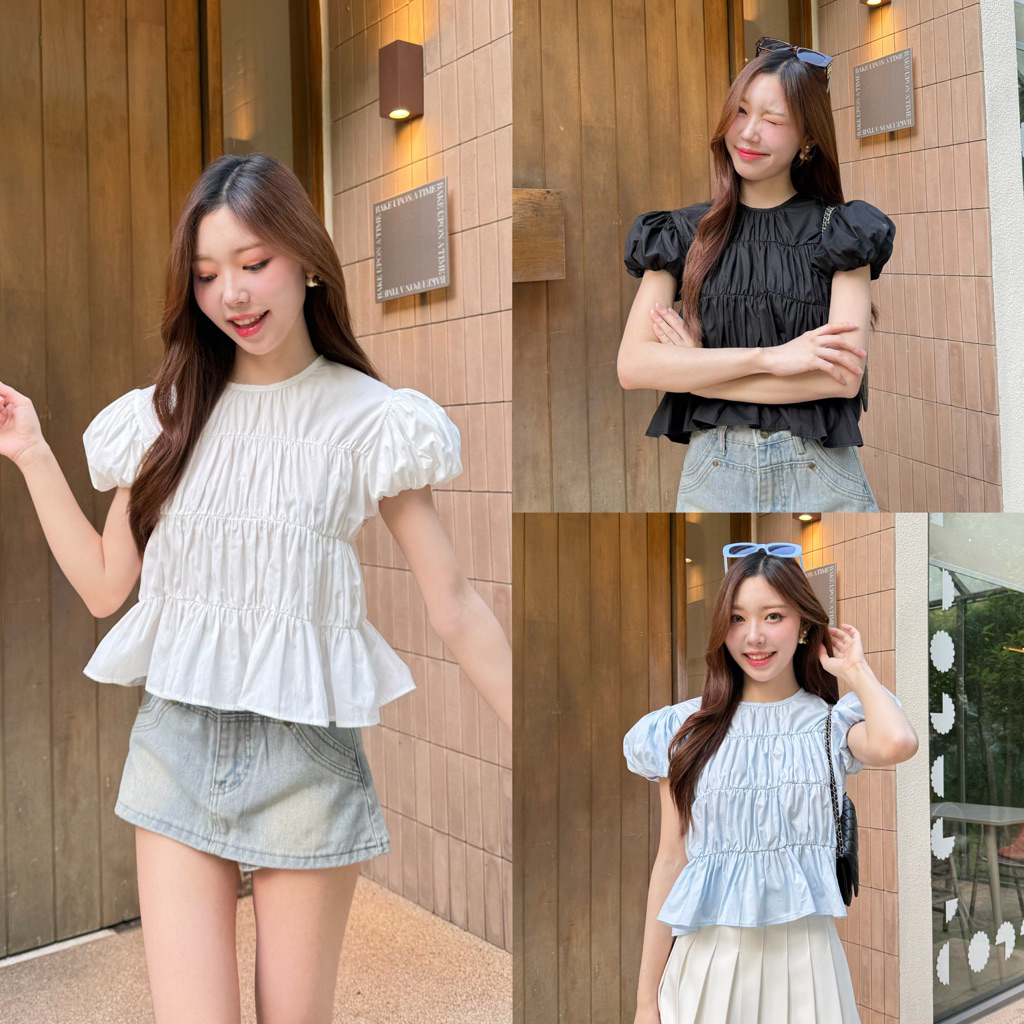 littlesoulmate เสื้อครอปแขนพัฟ จับจีบรอบตัว ทรงบอลลูน(serene puff)
