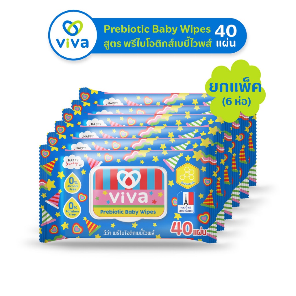 ViVa x Happy Sunday วีว่า Prebiotic Baby Wipes 40 แผ่น แพ็ค 6 ห่อ ทิชชู่เปียก สูตรพรีไบโอติกส์
