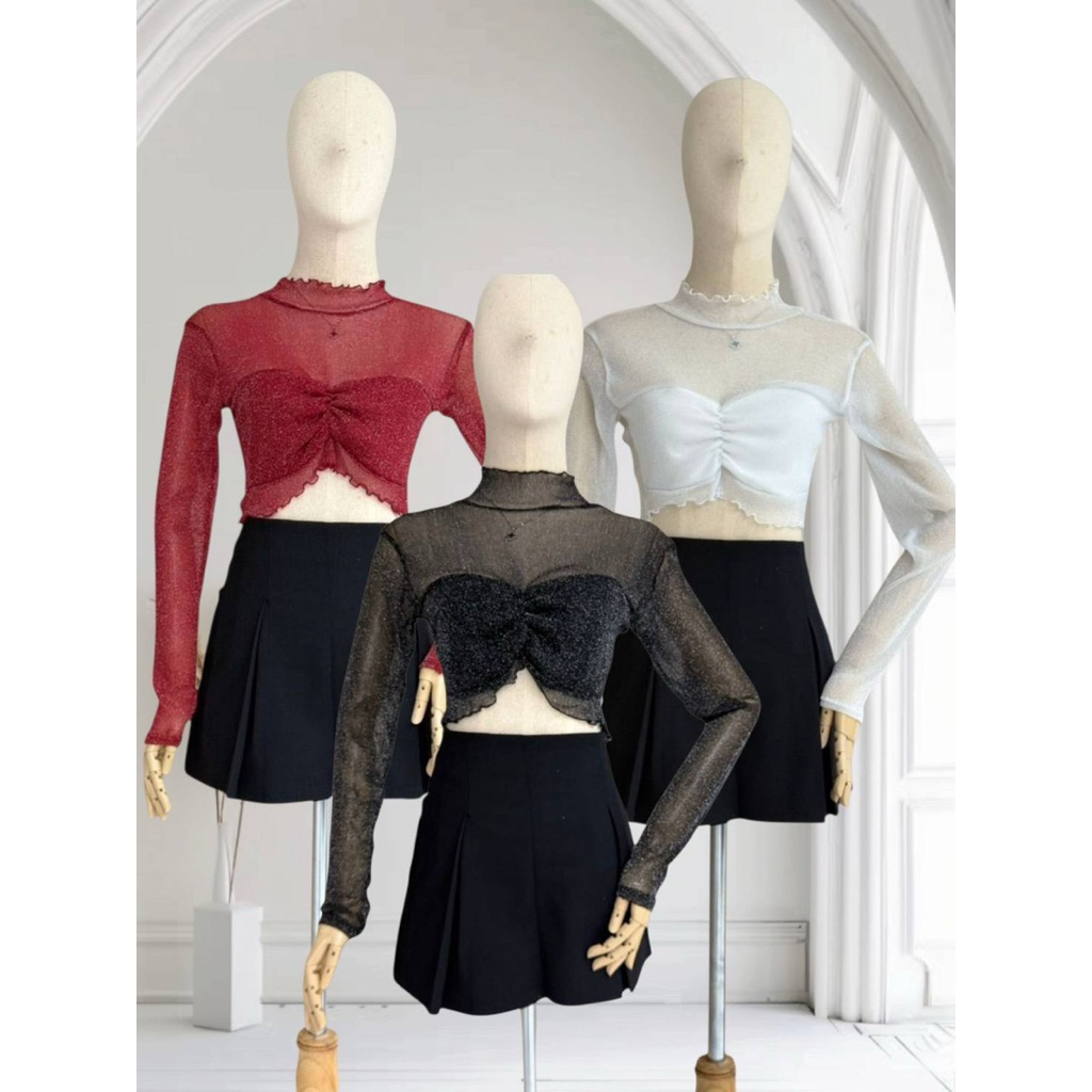 Mnv_shop  เสื้อคอกลมแขนยาว ย่นหน้า ขอบหยัก ผ้าซีทรูวิ๊ง  ขายดี มากๆ  ผ้านิ่มยืดเยอะ