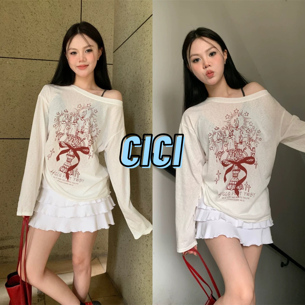 ส่งทันที Cici(CM2081) เสื้อแขนยาวผ้าโปร่งปาดไหล่ พิพม์ลายเทียนไข เชือกผูกด้านข้าง โอเวอร์ไซส์