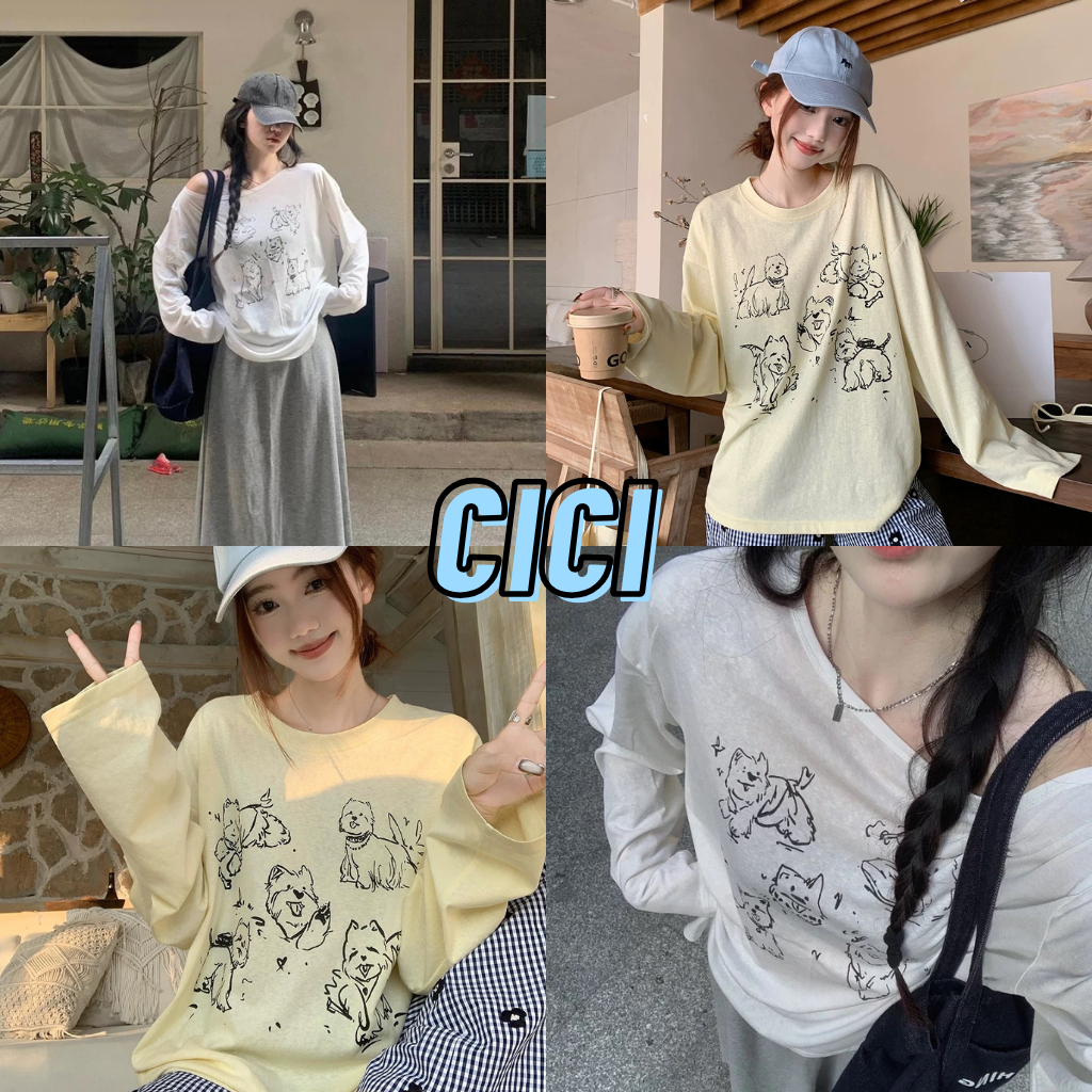 ส่งทันที Cici(CM2098) เสื้อคอกลมแขนยาวทรงโอเวอร์ไซส์ พิมพ์ลายน้องหมาสีสดใส ใส่คลุมหน้าร้อนผ้าบางใส่สบาย